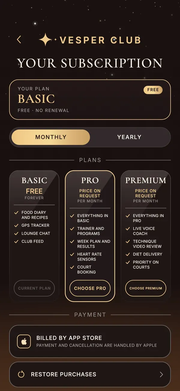 Pricing tiers in the app